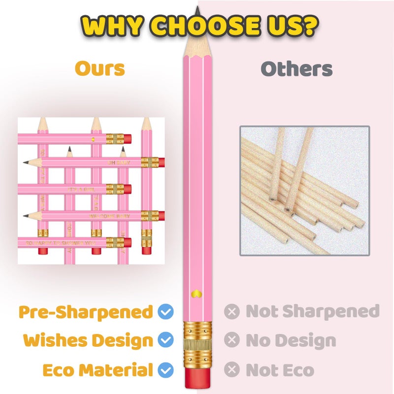 Vusnud 50Pcs - Baby Shower Sharpened Half Pencils with Erasers, Pre-Sharpened Design, 4 Inches, Pink - Image 2